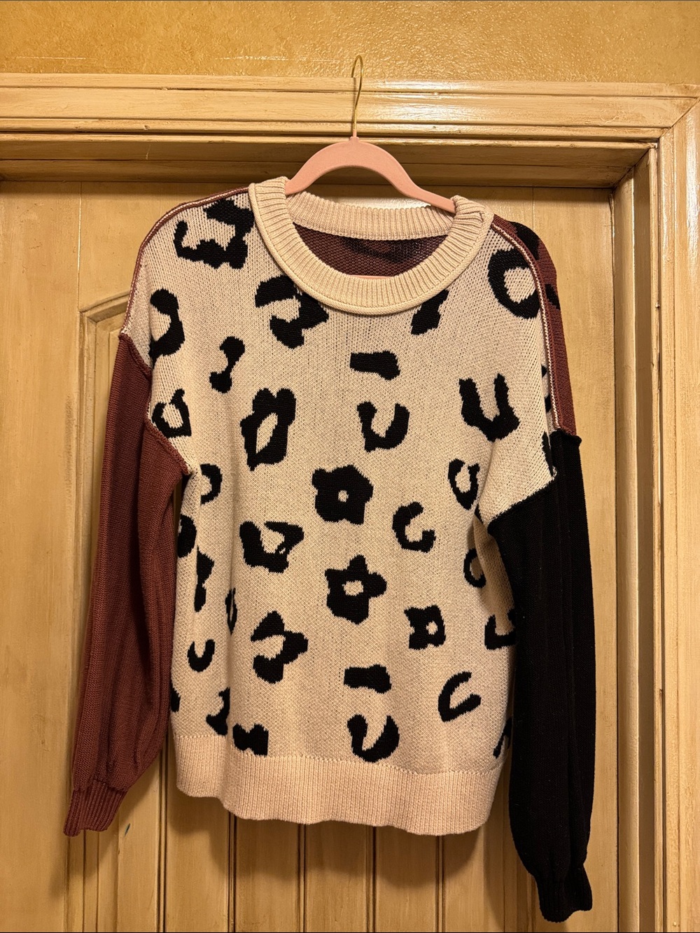 Leopard Colorblock Crewneck Sweater in Beige, Black & Brown